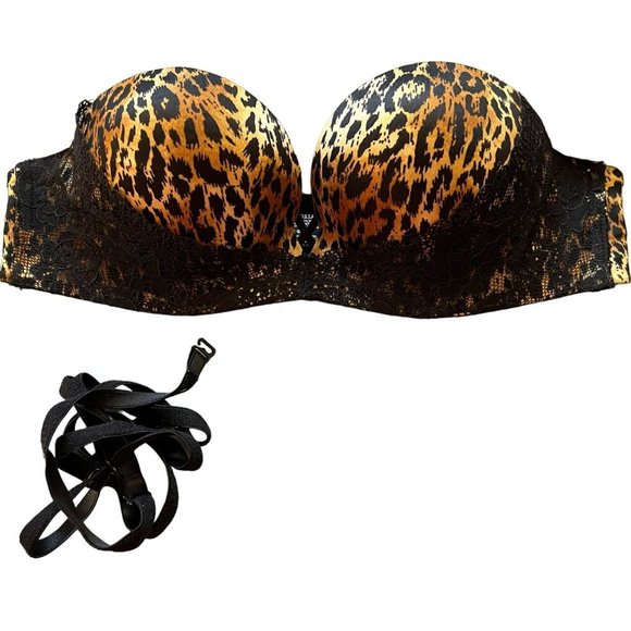 VICTORIA’S SECRET LEOPARD & LACE CONVERTIBLE STRAPLESS MIRACULOUS PADDED BRA SIZ - Picture 7 of 13